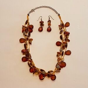 Boho Chic Amber & Carnelian Toned Multi-Strand Statement Necklace & Earring Set